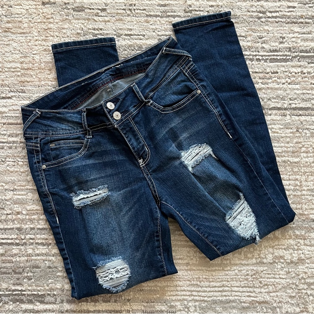 Wallflower Dark Wash Distressed Denim Stretch Skinny Jeans Size 7